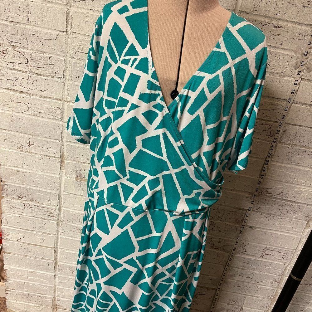 Jessica London Teal White Stretch Faux Wrap Dress Plus Size 14